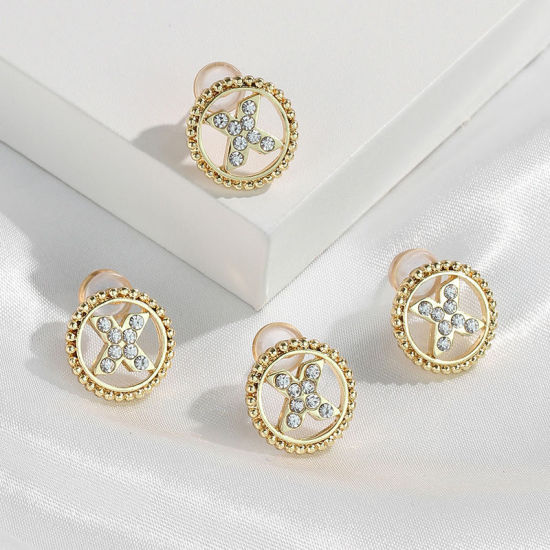 Imagen de Zamak Pendientes Oro Real Chapado Ronda Mayúscula Letra Mensaje " X " Transparente Rhinestone 15mm Diámetro, Post/ Wire Size: (21 gauge), 2 Unidades