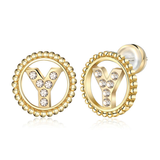 Imagen de Zamak Pendientes Oro Real Chapado Ronda Mayúscula Letra Mensaje " Y " Transparente Rhinestone 15mm Diámetro, Post/ Wire Size: (21 gauge), 2 Unidades