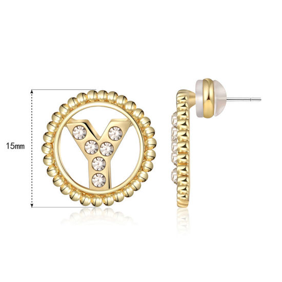 Imagen de Zamak Pendientes Oro Real Chapado Ronda Mayúscula Letra Mensaje " Y " Transparente Rhinestone 15mm Diámetro, Post/ Wire Size: (21 gauge), 2 Unidades