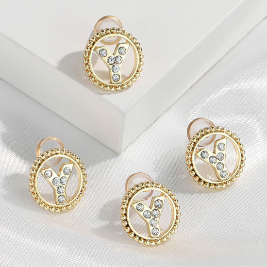 Imagen de Zamak Pendientes Oro Real Chapado Ronda Mayúscula Letra Mensaje " Y " Transparente Rhinestone 15mm Diámetro, Post/ Wire Size: (21 gauge), 2 Unidades