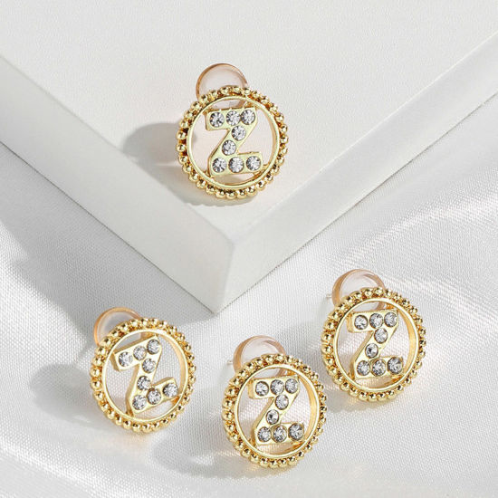 Imagen de Zamak Pendientes Oro Real Chapado Ronda Mayúscula Letra Mensaje " Z " Transparente Rhinestone 15mm Diámetro, Post/ Wire Size: (21 gauge), 2 Unidades