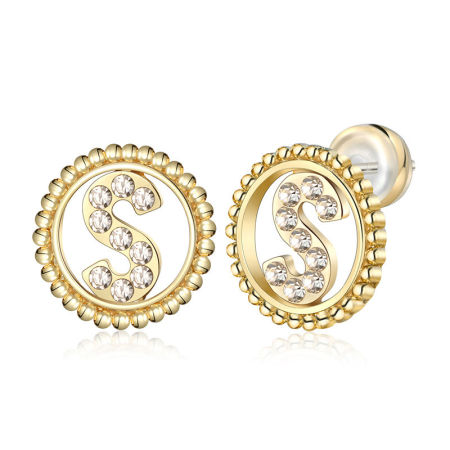 Picture of Zinc Based Alloy Ear Post Stud Earrings Real Gold Plated Round Initial Alphabet/ Capital Letter Message " S " Clear Rhinestone 15mm Dia., Post/ Wire Size: (21 gauge), 2 PCs