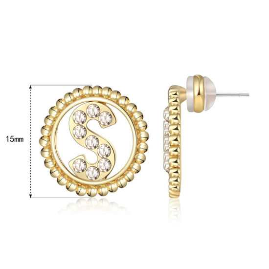 Imagen de Zamak Pendientes Oro Real Chapado Ronda Mayúscula Letra Mensaje " S " Transparente Rhinestone 15mm Diámetro, Post/ Wire Size: (21 gauge), 2 Unidades