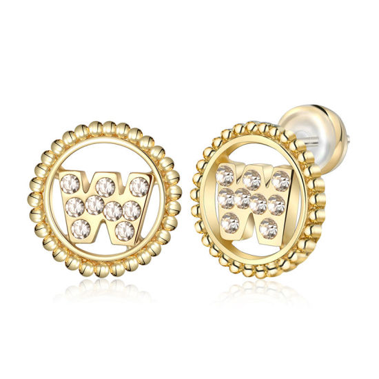 Imagen de Zamak Pendientes Oro Real Chapado Ronda Mayúscula Letra Mensaje " W " Transparente Rhinestone 15mm Diámetro, Post/ Wire Size: (21 gauge), 2 Unidades