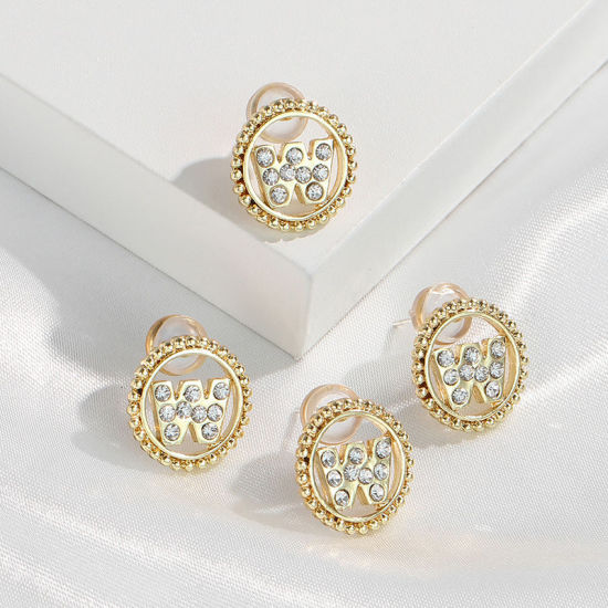 Imagen de Zamak Pendientes Oro Real Chapado Ronda Mayúscula Letra Mensaje " W " Transparente Rhinestone 15mm Diámetro, Post/ Wire Size: (21 gauge), 2 Unidades