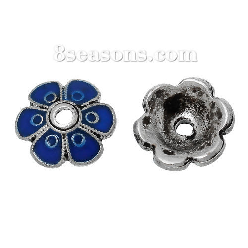 Picture of Zinc Based Alloy Beads Caps Flower Antique Silver Color Deep Blue Enamel Circle Carved (Fits 12mm Beads) 10mm x 9mm, 5 PCs