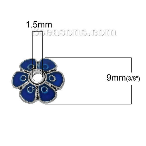 Picture of Zinc Based Alloy Beads Caps Flower Antique Silver Color Deep Blue Enamel Circle Carved (Fits 12mm Beads) 10mm x 9mm, 5 PCs