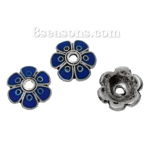 Picture of Zinc Based Alloy Beads Caps Flower Antique Silver Color Deep Blue Enamel Circle Carved (Fits 12mm Beads) 10mm x 9mm, 5 PCs