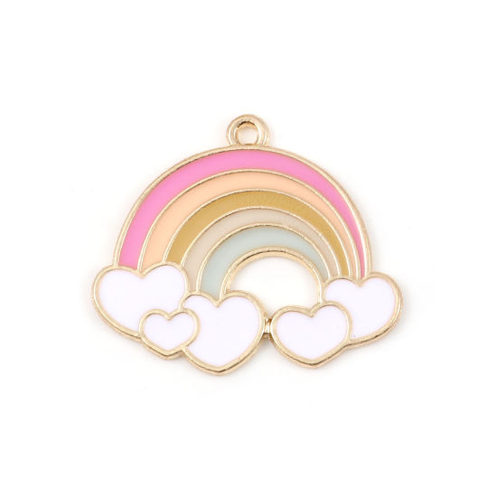 Immagine di Lega di Zinco Tempo Collezione Ciondoli Arcobaleno Oro Placcato Multicolore Cuore Smalto 30mm x 25mm , 10 Pz