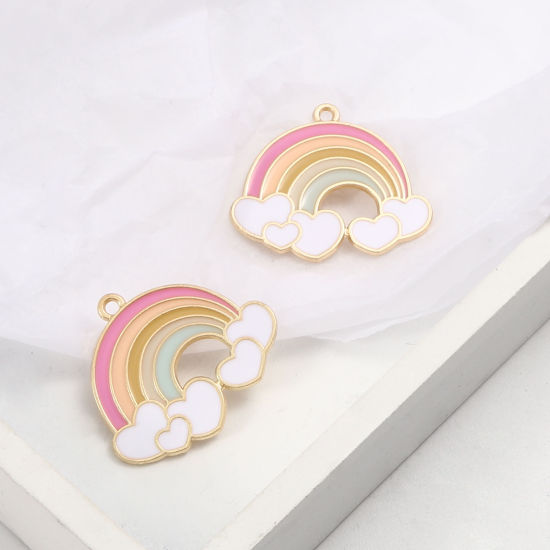 Immagine di Lega di Zinco Tempo Collezione Ciondoli Arcobaleno Oro Placcato Multicolore Cuore Smalto 30mm x 25mm , 10 Pz