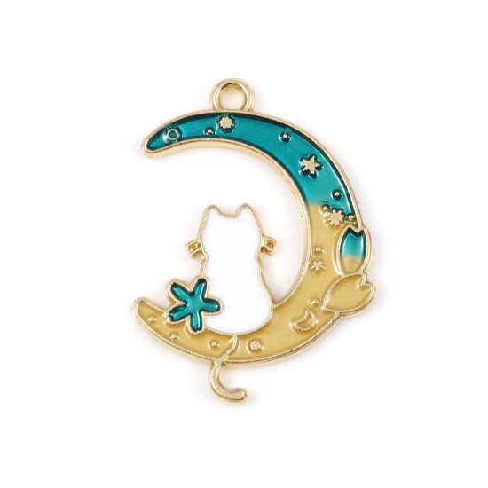 Picture of Zinc Based Alloy Galaxy Charms Half Moon Gold Plated Green & Yellow Cat Enamel 28mm x 20mm, 10 PCs