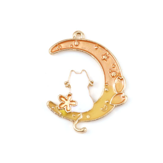 Picture of Zinc Based Alloy Galaxy Charms Half Moon Gold Plated Yellow & Orange Cat Enamel 28mm x 20mm, 10 PCs