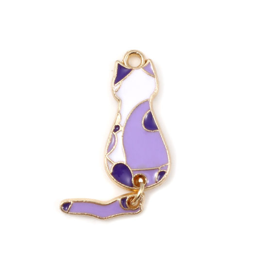 Picture of Zinc Based Alloy Pendants Cat Animal Gold Plated White & Purple Enamel 34mm x 10mm, 10 PCs