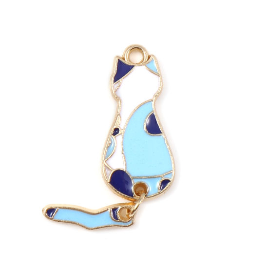 Picture of Zinc Based Alloy Pendants Cat Animal Gold Plated White & Blue Enamel 34mm x 10mm, 10 PCs