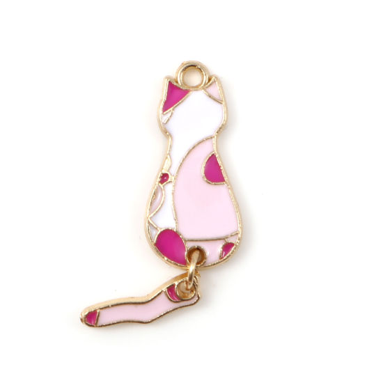 Picture of Zinc Based Alloy Pendants Cat Animal Gold Plated White & Pink Enamel 34mm x 10mm, 10 PCs