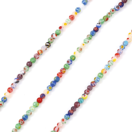 Image de Perles Millefiori en Verre Rond Couleur au Hasard Fleurs 4mm Dia, Trou: 0.9mm, 36cm long, 1 Enfilade (Env. 99 Pcs/Enfilade)