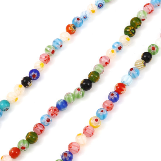 Image de Perles Millefiori en Verre Rond Couleur au Hasard Fleurs 6mm Dia, Trou: 0.9mm, 37cm long, 1 Enfilade (Env. 66 Pcs/Enfilade)