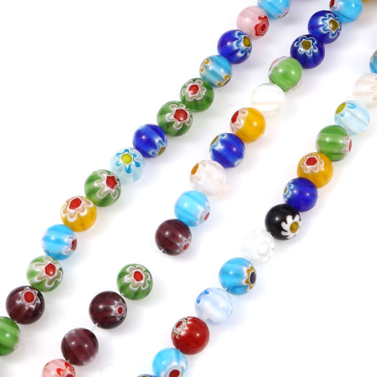 Image de Perles Millefiori en Verre Rond Couleur au Hasard Fleurs 10mm Dia, Trou: 1.2mm, 36cm - 35.5cm long, 1 Enfilade (Env. 38 Pcs/Enfilade)