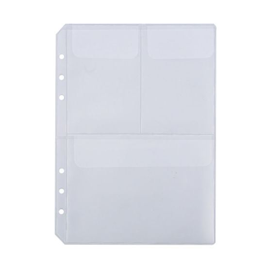 Picture of Transparent - Three Pocket A5 PVC Waterproof Zipper Loose Leaf Photo Business Card File Folder Storage Bag 21x15cm, 5 PCs