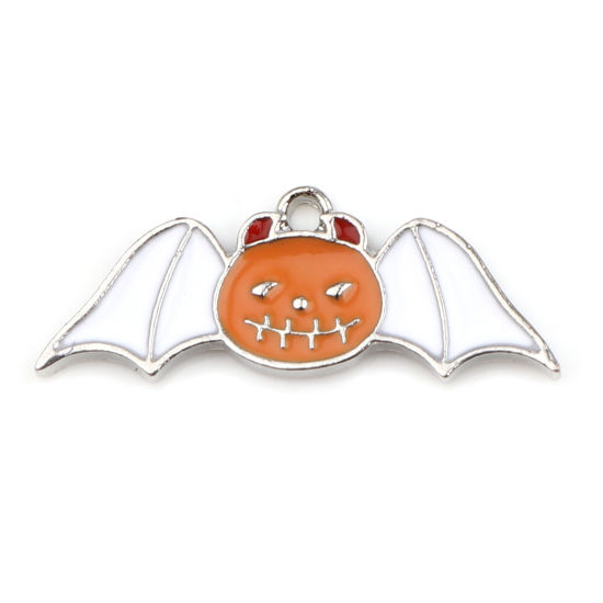 Immagine di Lega di Zinco Charms Zucca Tono Argento Bianco & Arancione Halloween Pipistrello Smalto 26mm x 10mm , 10 Pz