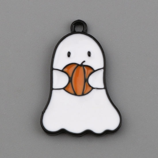 Immagine di Lega di Zinco Charms Zucca Bianco & Arancione Halloween Fantasma Smalto 22mm x 15mm , 10 Pz