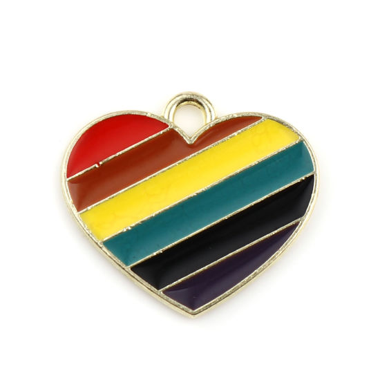 Immagine di Lega di Zinco Tempo Collezione Charms Cuore Multicolore Arcobaleno Smalto 20mm x 18mm , 10 Pz