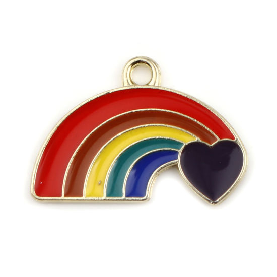 Immagine di Lega di Zinco Tempo Collezione Charms Arcobaleno Multicolore Cuore Smalto 24mm x 17mm , 10 Pz