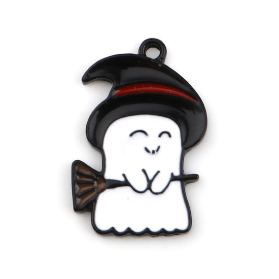 Imagen de Zamak Colgantes Charms Halloween Fantasma Negro Esmalte 22mm x 15mm, 10 Unidades