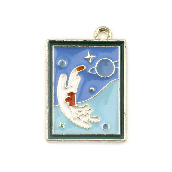 Immagine di Lega di Zinco Galassia Charms Gatto Oro Placcato Blu & Verde Universo Pianeta Smalto 21mm x 15mm , 5 Pz