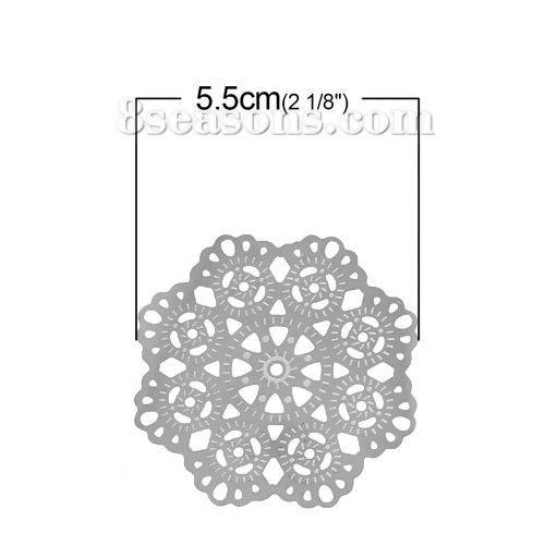 Picture of 304 Stainless Steel Filigree Stamping Embellishments Findings, Flower Silver Tone, Flower Hollow Carved 5.5cm(2 1/8") x 5.5cm(2 1/8"), 10 PCs