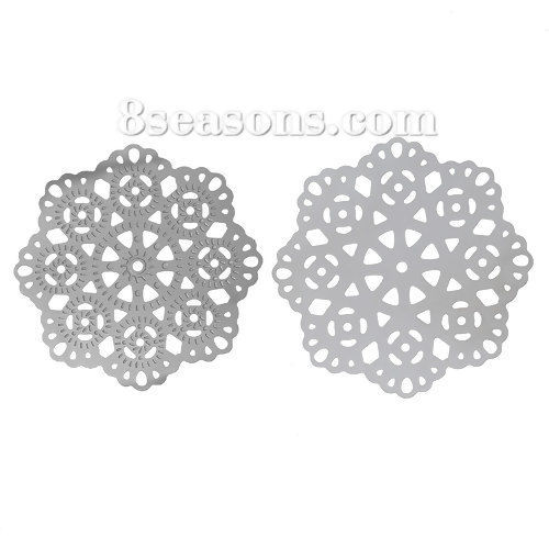 Picture of 304 Stainless Steel Filigree Stamping Embellishments Findings, Flower Silver Tone, Flower Hollow Carved 5.5cm(2 1/8") x 5.5cm(2 1/8"), 10 PCs