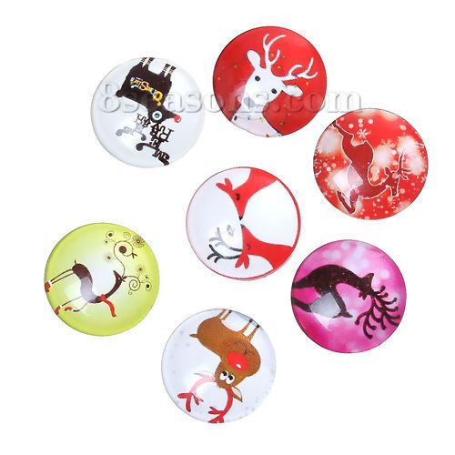 Picture of Glass Dome Seals Cabochons Round Flatback At Random Christmas Reindeer Pattern 20mm( 6/8") Dia, 30 PCs