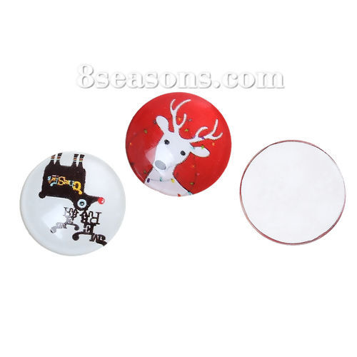 Picture of Glass Dome Seals Cabochons Round Flatback At Random Christmas Reindeer Pattern 20mm( 6/8") Dia, 30 PCs