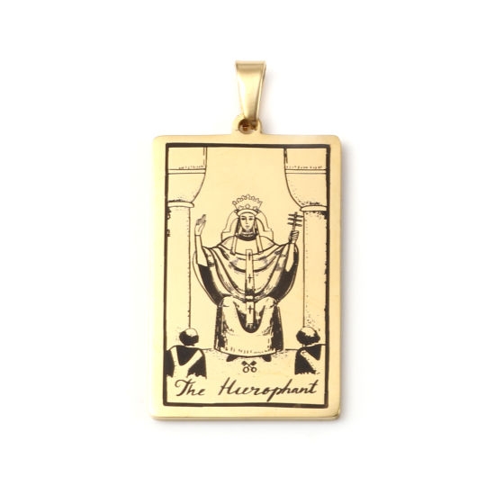 Immagine di 201 Acciaio Inossidabile Tarocchi Ciondoli Rettangolo Oro Placcato Messaggio " THE HIEROPHANT " 46mm x 24mm, 1 Pz