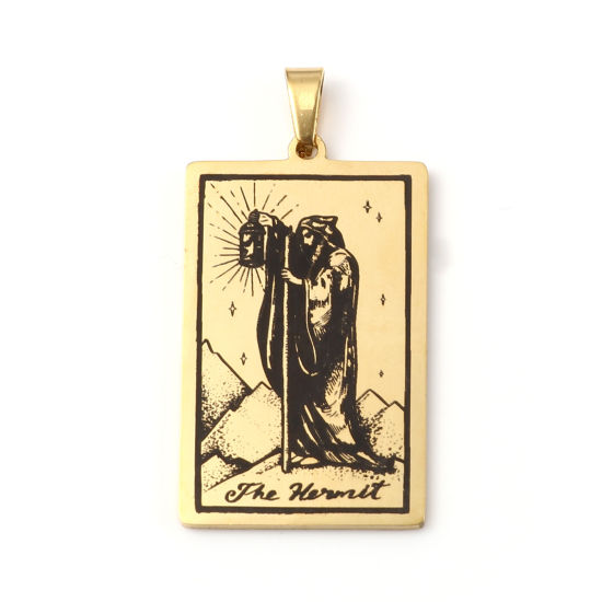 Immagine di 201 Acciaio Inossidabile Tarocchi Ciondoli Rettangolo Oro Placcato Messaggio " THE HERMIT " 46mm x 24mm, 1 Pz