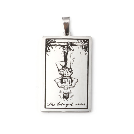 Immagine di 201 Acciaio Inossidabile Tarocchi Ciondoli Rettangolo Tono Argento Messaggio " THE HANGED MAN " 46mm x 24mm, 1 Pz