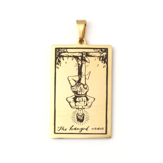 Immagine di 201 Acciaio Inossidabile Tarocchi Ciondoli Rettangolo Oro Placcato Messaggio " THE HANGED MAN " 46mm x 24mm, 1 Pz