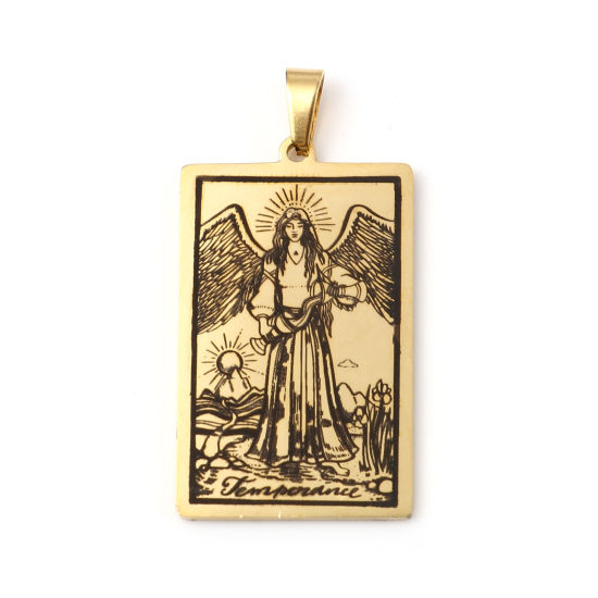 Immagine di 201 Acciaio Inossidabile Tarocchi Ciondoli Rettangolo Oro Placcato Messaggio " TEMPERANCE " 46mm x 24mm, 1 Pz