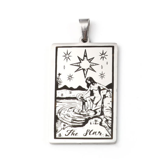 Immagine di 201 Acciaio Inossidabile Tarocchi Ciondoli Rettangolo Tono Argento Messaggio " THE STAR " 46mm x 24mm, 1 Pz