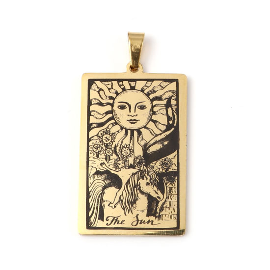 Immagine di 201 Acciaio Inossidabile Tarocchi Ciondoli Rettangolo Oro Placcato Messaggio " THE SUN " 46mm x 24mm, 1 Pz