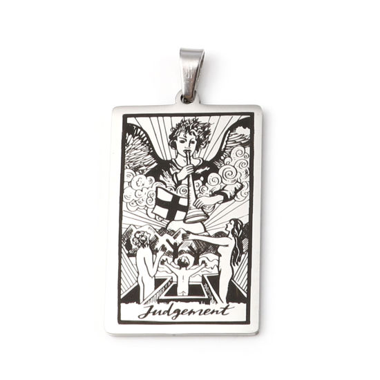 Immagine di 201 Acciaio Inossidabile Tarocchi Ciondoli Rettangolo Tono Argento Messaggio " JUDGEMENT " 46mm x 24mm, 1 Pz