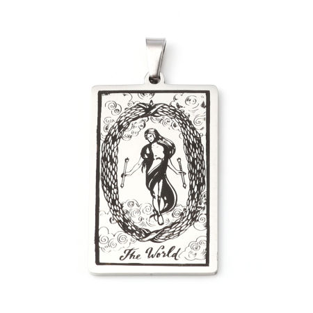 Picture of 201 Stainless Steel Tarot Pendants Silver Tone Rectangle Message " THE WORLD " 46mm x 24mm, 1 Piece