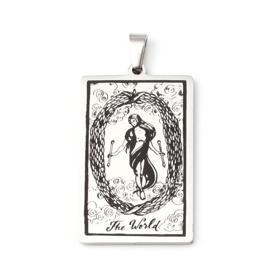 Immagine di 201 Acciaio Inossidabile Tarocchi Ciondoli Rettangolo Tono Argento Messaggio " THE WORLD " 46mm x 24mm, 1 Pz