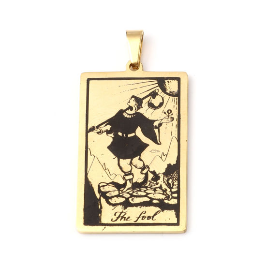 Immagine di 201 Acciaio Inossidabile Tarocchi Ciondoli Rettangolo Oro Placcato Messaggio " THE FOOL " 46mm x 24mm, 1 Pz