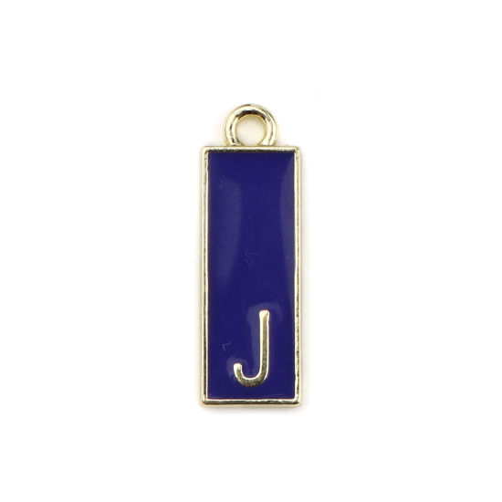 Immagine di Lega di Zinco Charms Rettangolo Oro Placcato Blu Scuro Lettera Maiuscola Lettere " J " Smalto 23mm x 8mm , 10 Pz