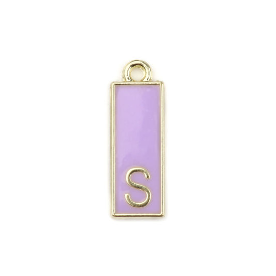 Immagine di Lega di Zinco Charms Rettangolo Oro Placcato Viola Chiaro Lettera Maiuscola Lettere " S " Smalto 23mm x 8mm , 10 Pz