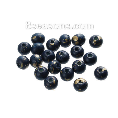 Picture of Natural Hinoki Wood Spacer Beads Round Navy blue & Gold About 8mm Dia, 500 PCs