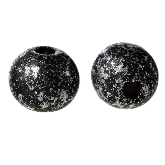 Picture of Natural Hinoki Wood Spacer Beads Round Black & Silver About 8mm Dia, 500 PCs