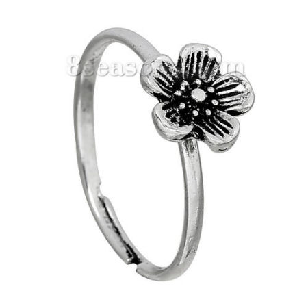 Picture of Adjustable Rings Plum Blossom Flower Antique Silver Color 17.1mm( 5/8") US 6.75, 1 Piece