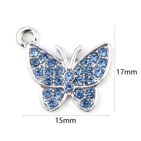 Picture of Zinc Based Alloy Insect Charms Butterfly Animal Micro Pave Multicolor Rhinestone 17mm x 15mm, 5 PCs